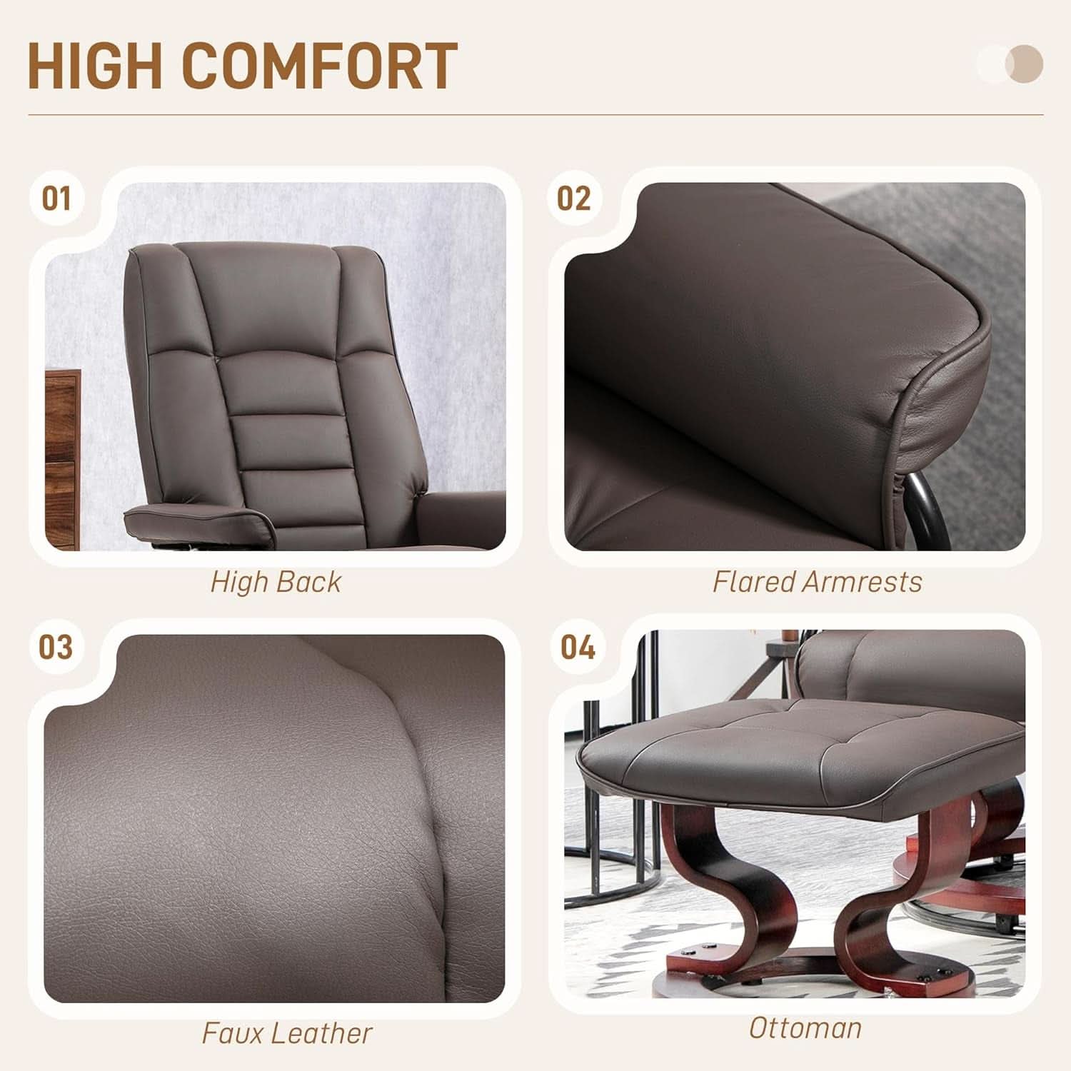 Faux Leather Reclining Chair With Ottoman Brown High Back