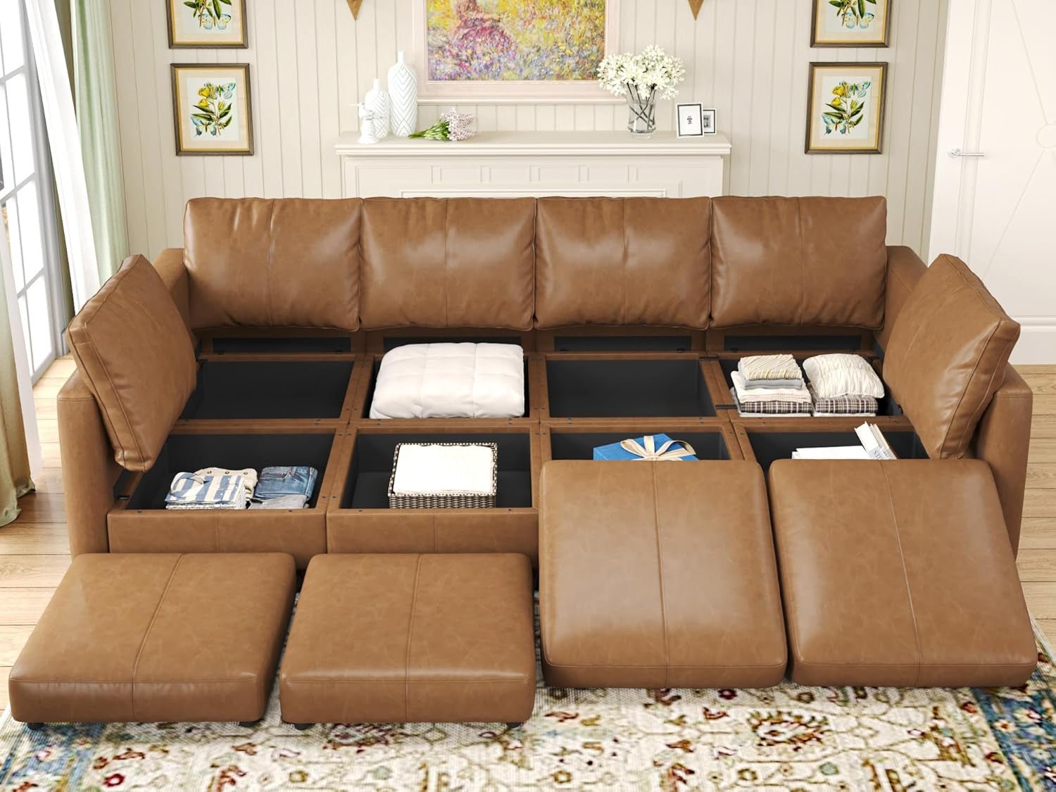 Faux Leather Sectional Sofa Bed With Storage Convenience