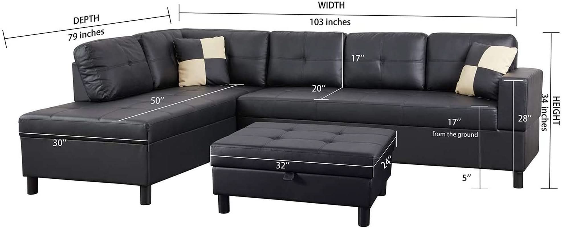 Faux Leather Sectional Sofa With Chaise Black For Living