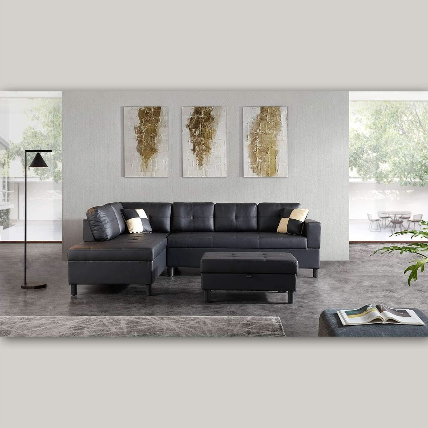 Faux Leather Sectional Sofa With Chaise Black For Living