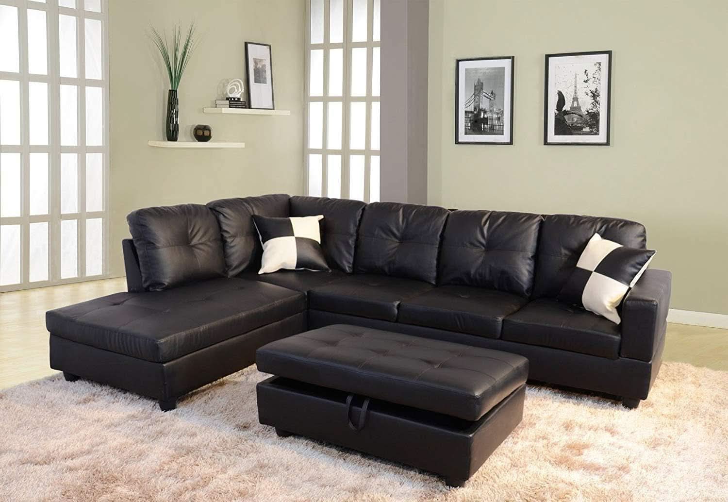 Faux Leather Sectional Sofa With Chaise Black For Living