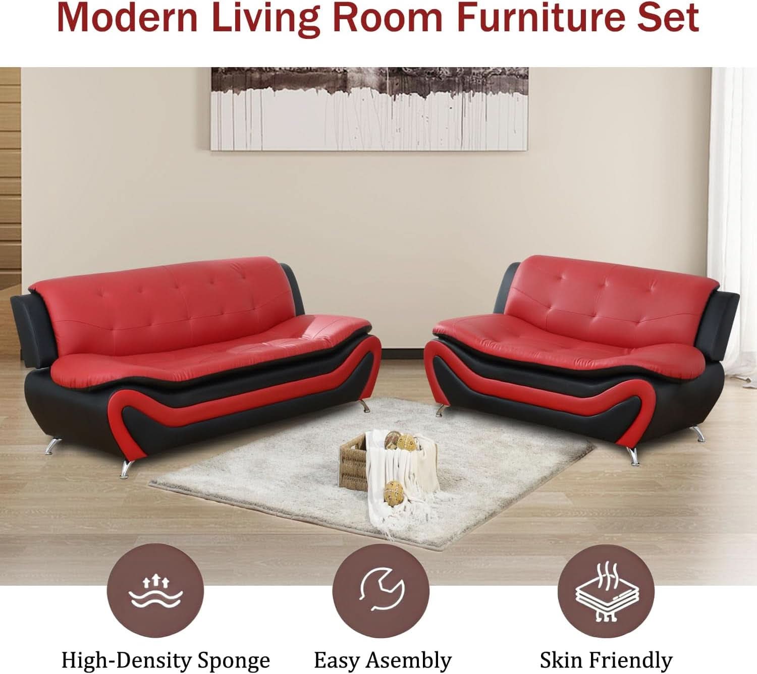 Faux Leather Sofa And Loveseat Set Red 2 Piece