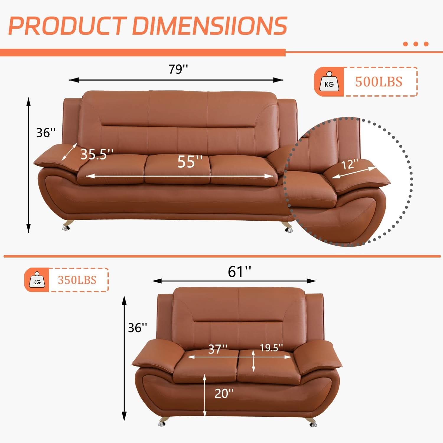 Faux Leather Two Piece Sofa Set In Orange With Wood Frame