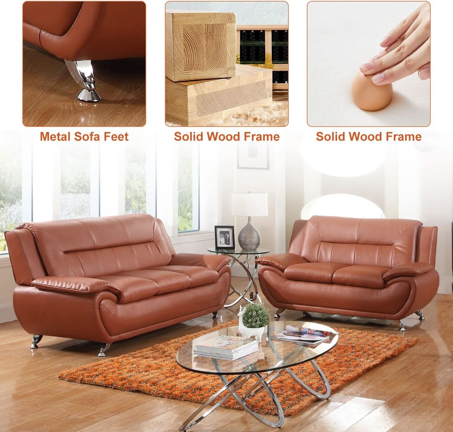 Faux Leather Two Piece Sofa Set In Orange With Wood Frame