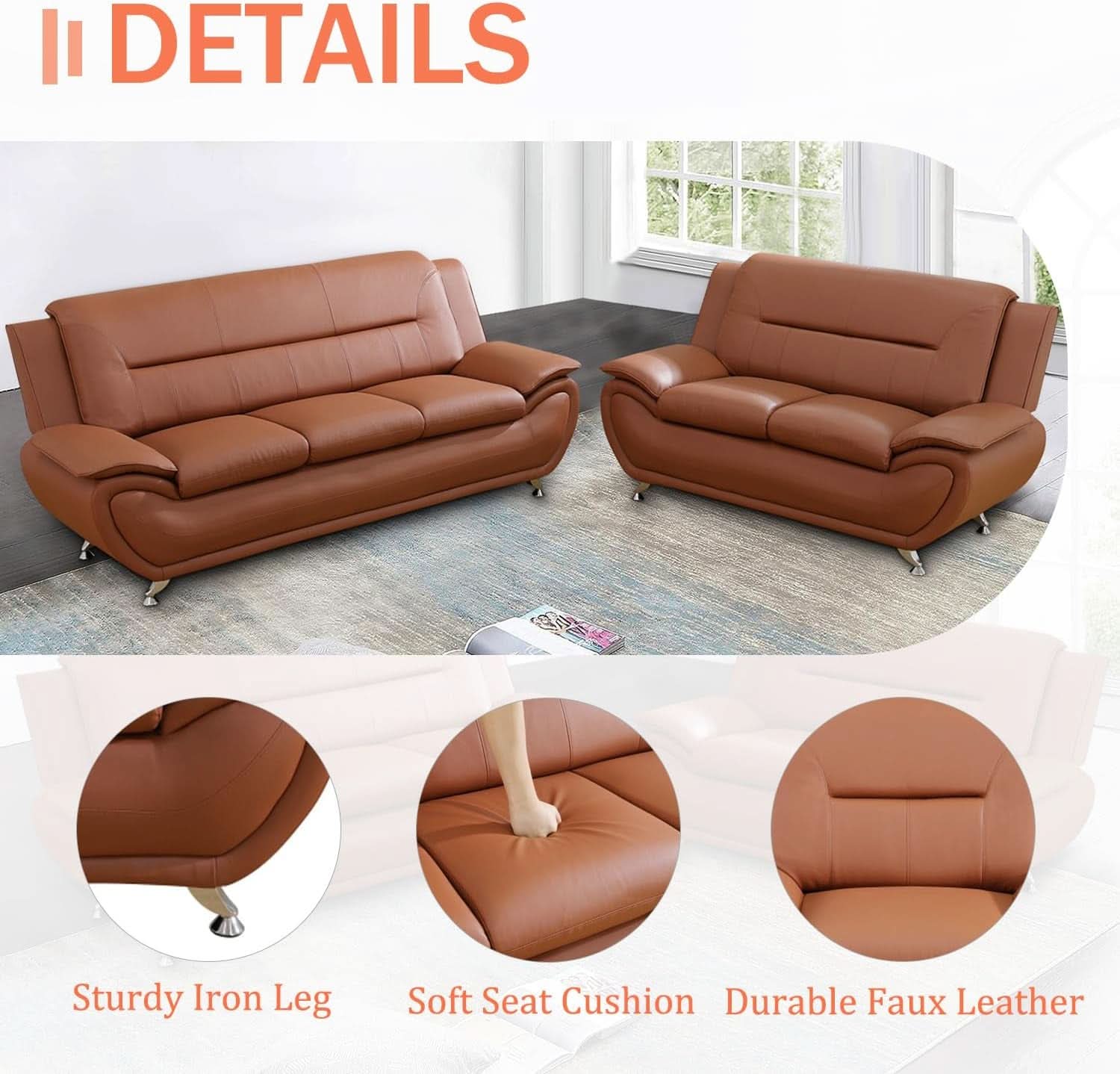 Faux Leather Two Piece Sofa Set In Orange With Wood Frame