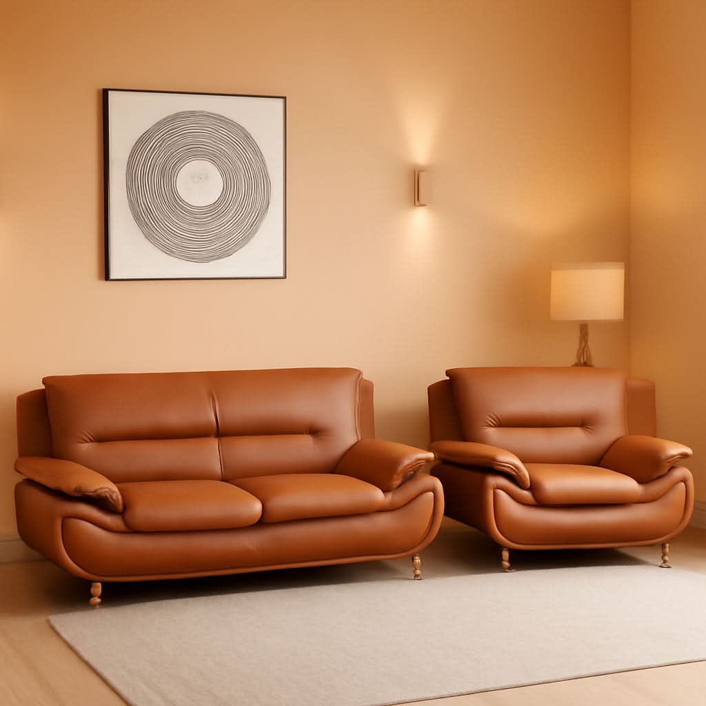 Faux Leather Two Piece Sofa Set In Orange With Wood Frame