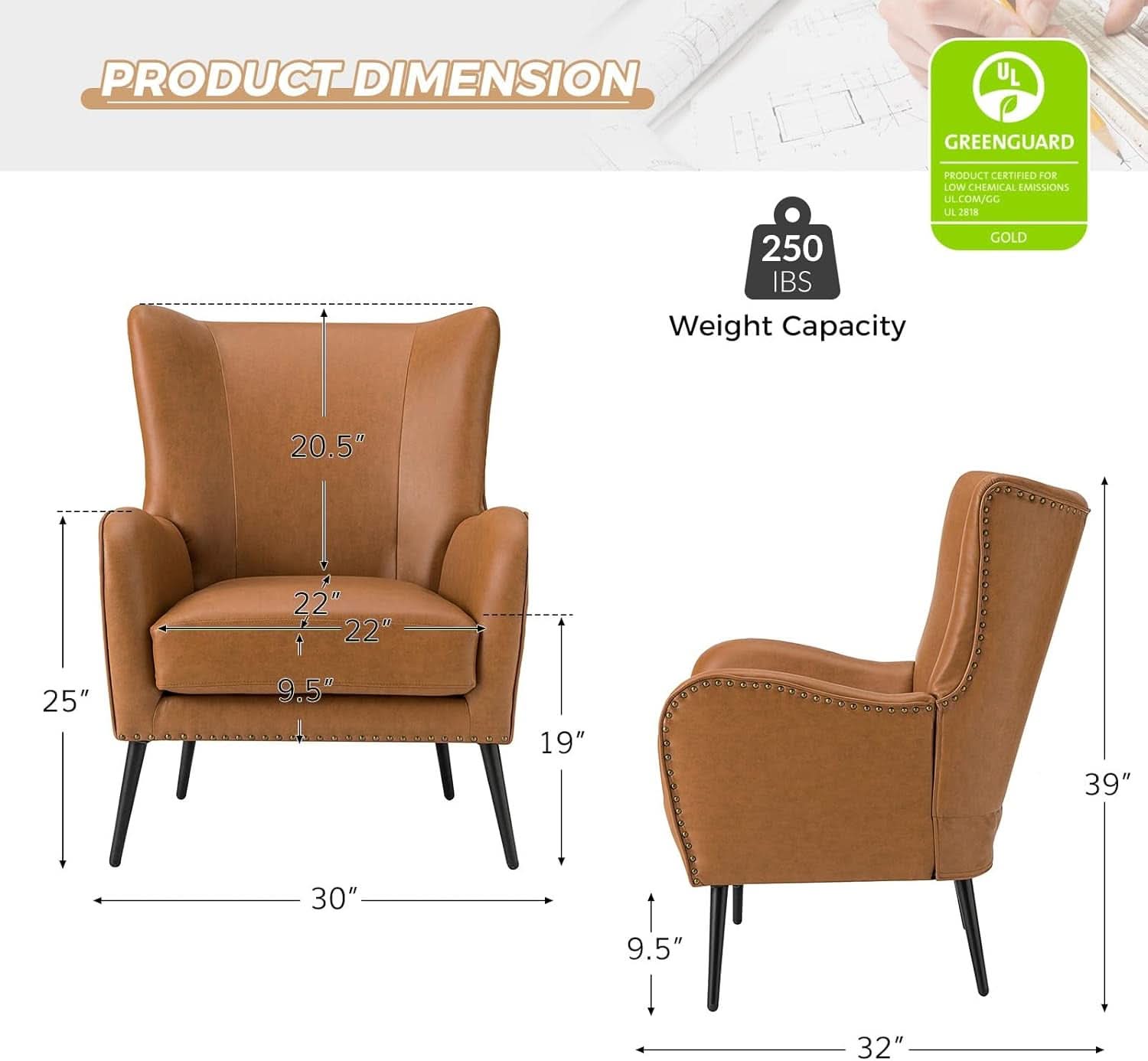 Faux Leather Wingback Chair With Black Nailhead Trim
