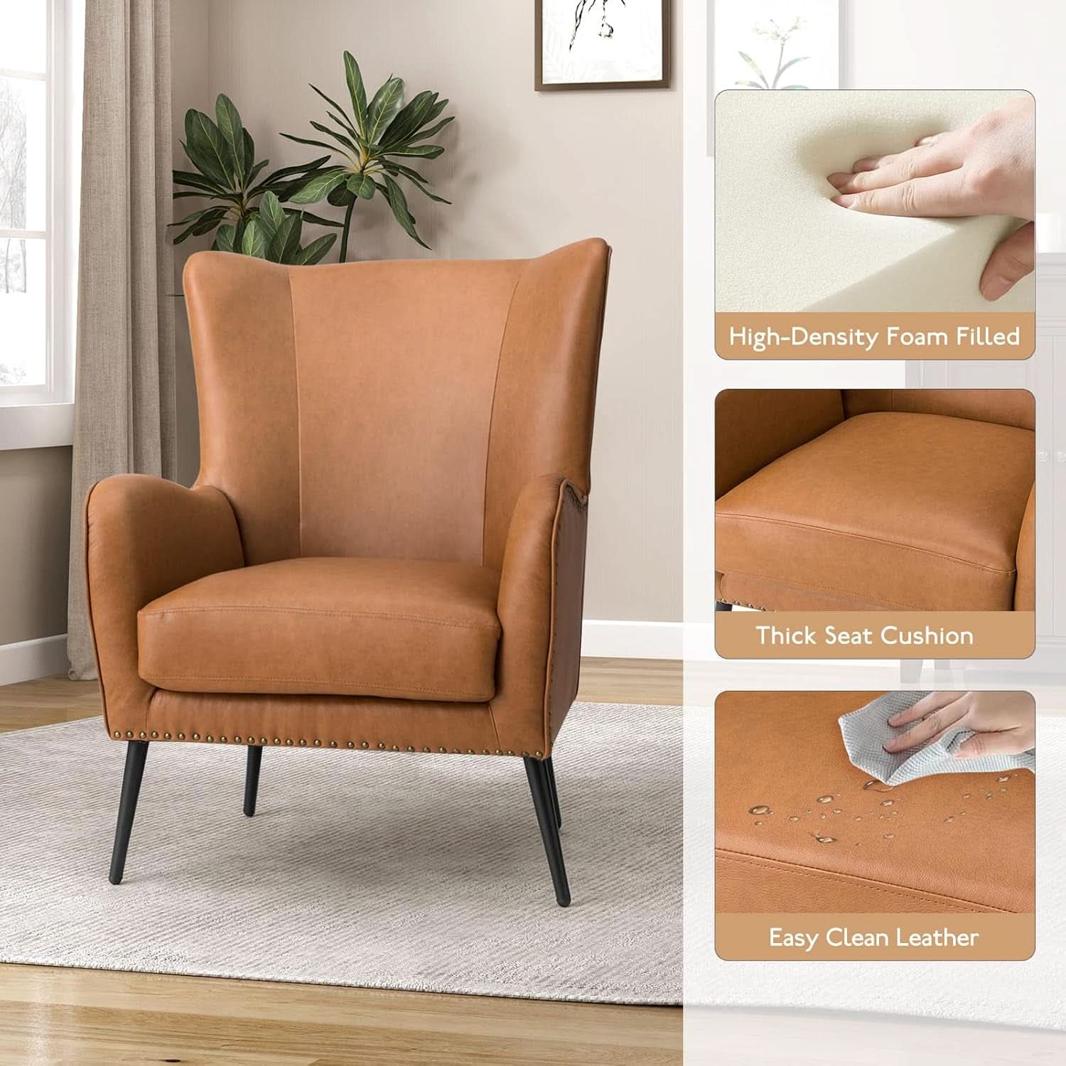 Faux Leather Wingback Chair With Black Nailhead Trim
