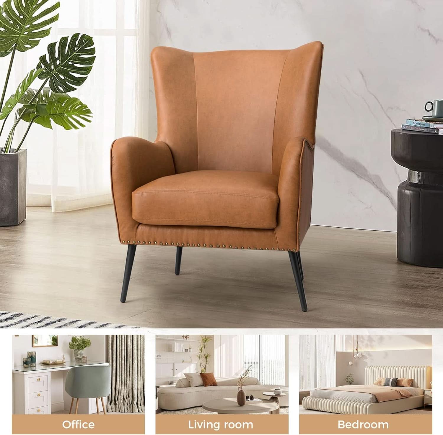 Faux Leather Wingback Chair With Black Nailhead Trim