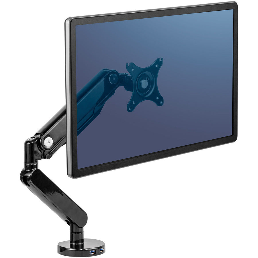 Fellowes Platinum Series High Quality Single Monitor Arm for 32-Inch Monitors, Full Motion, 360&deg; Rotation, VESA Mount with Grommet or Clamp, USB Ports, Ergonomic, Black 8043301
