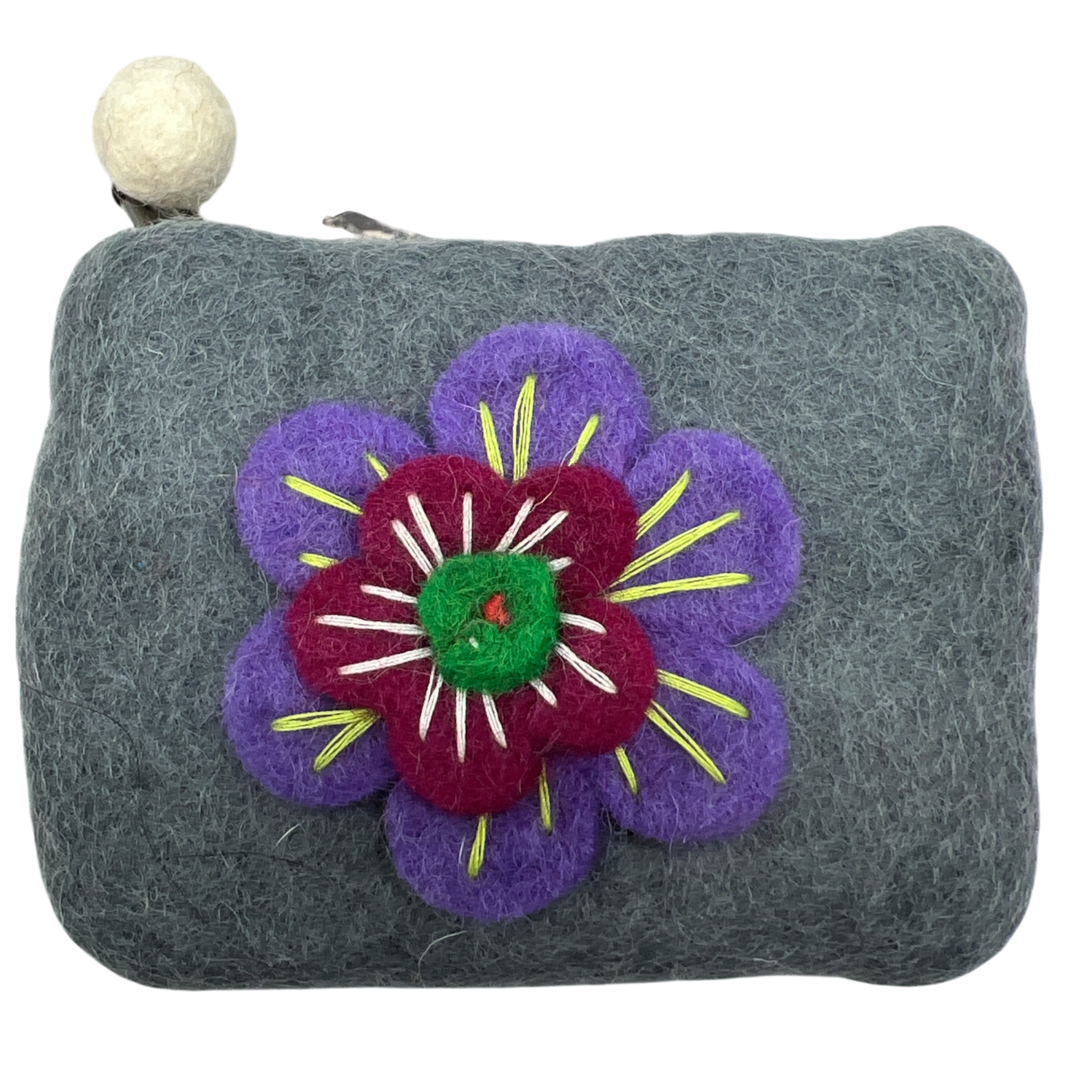 Felt Wool Artisan Gray Coin Purse with Flower Applique