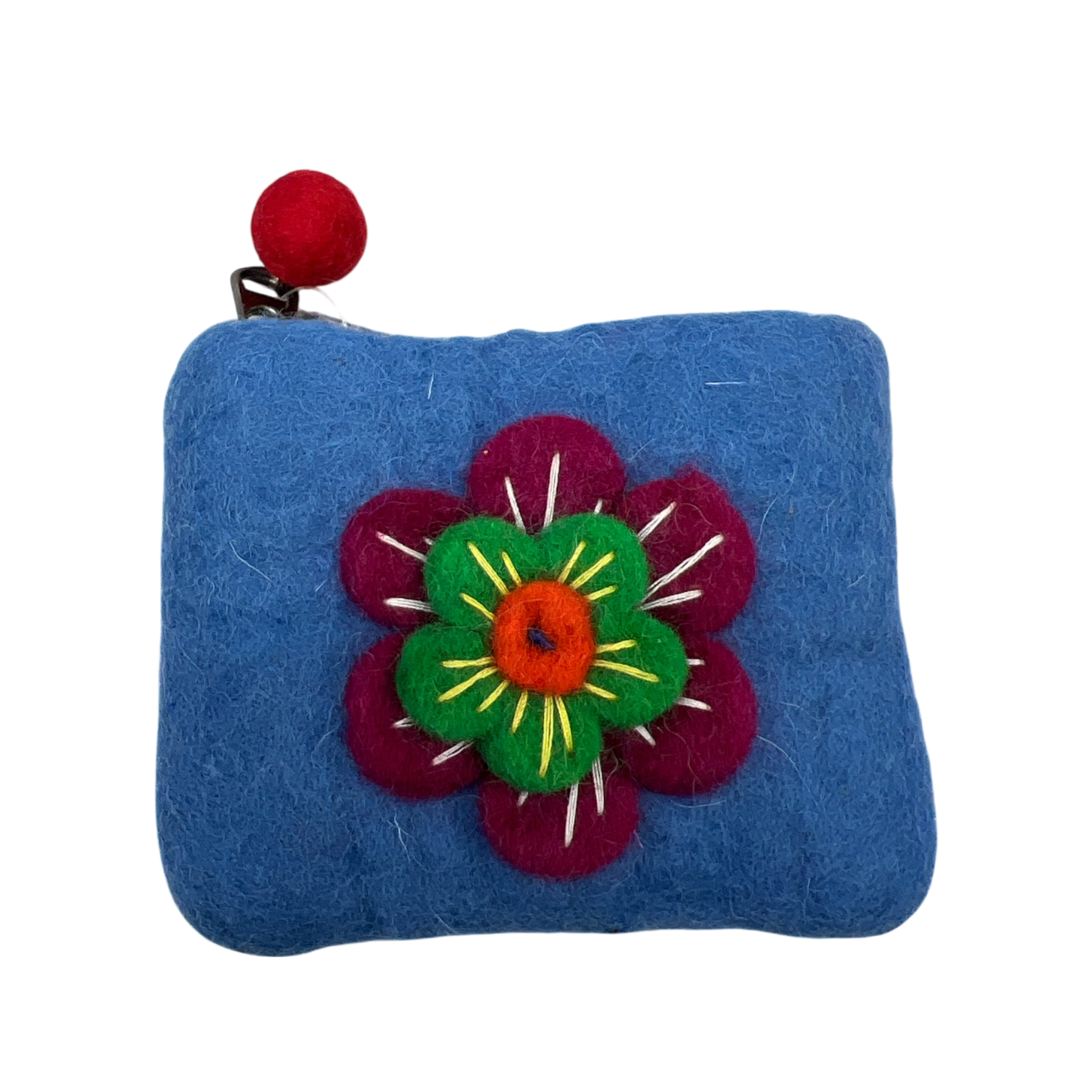 Felt Wool Bright Sky Blue Coin Purse with Flower Applique