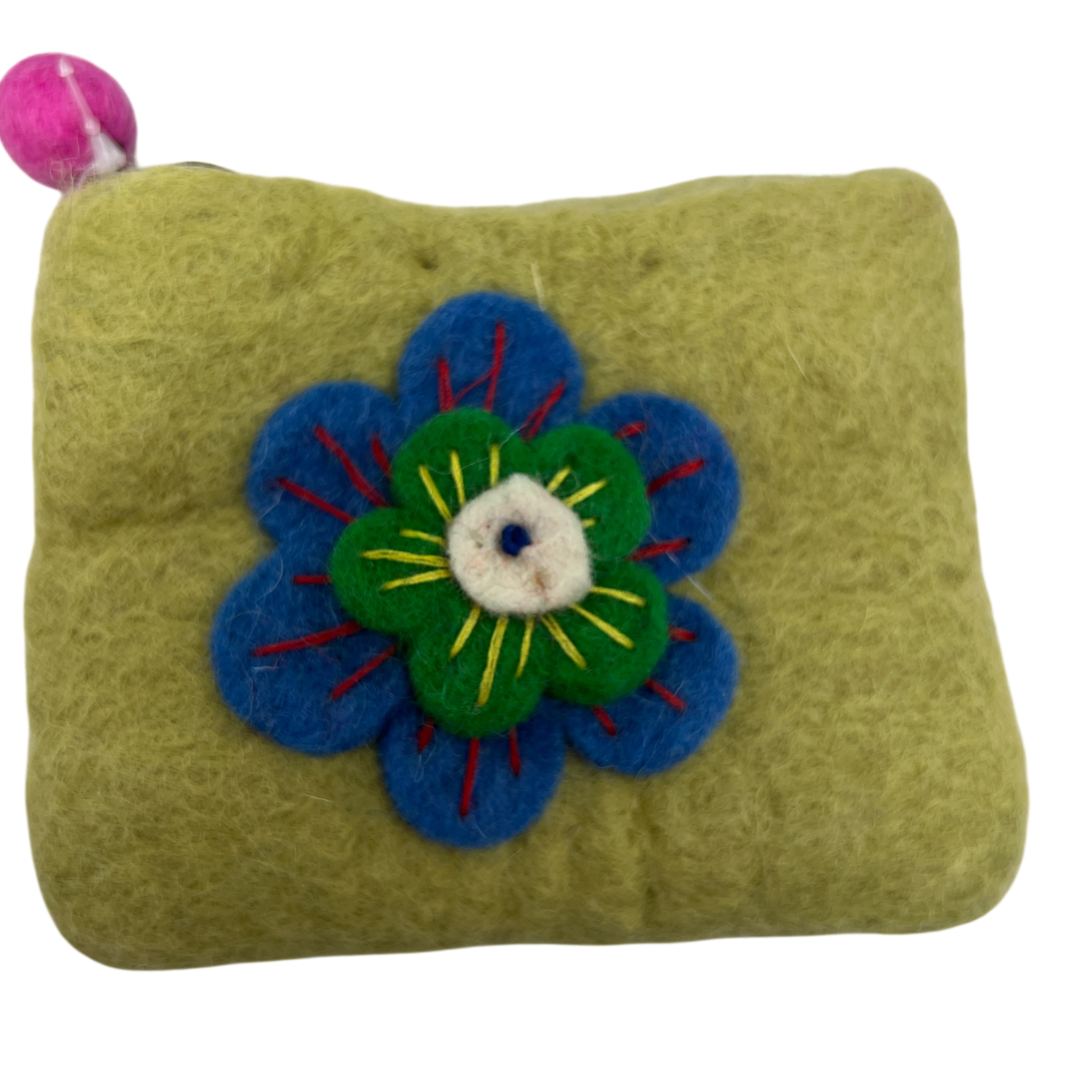 Felt Wool Olive Green Coin Purse with Flower Applique