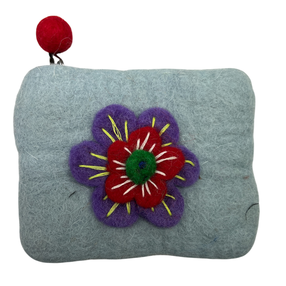 Felt Wool Soft Gray Coin Purse with Flower Applique