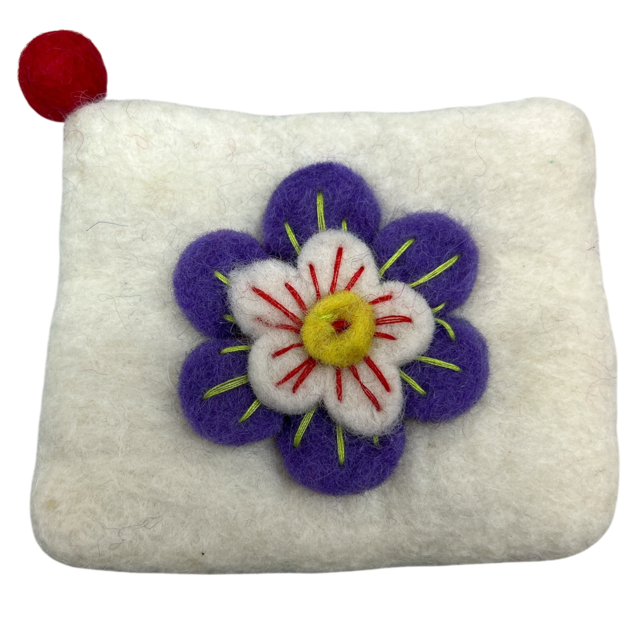 Felt Wool White Coin Purse with Flower Applique
