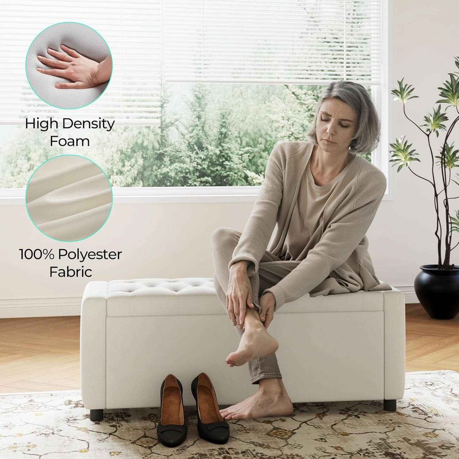 Fifty Inch Upholstered Storage Ottoman Bench Beige