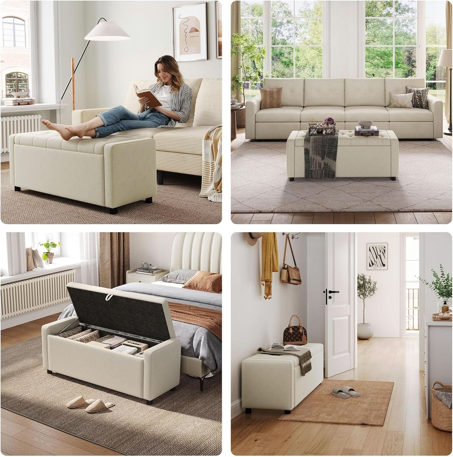 Fifty Inch Upholstered Storage Ottoman Bench Beige