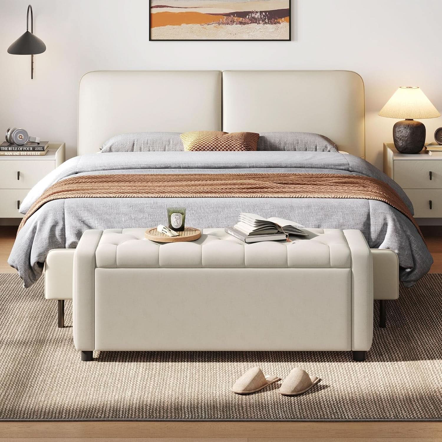 Fifty Inch Upholstered Storage Ottoman Bench Beige
