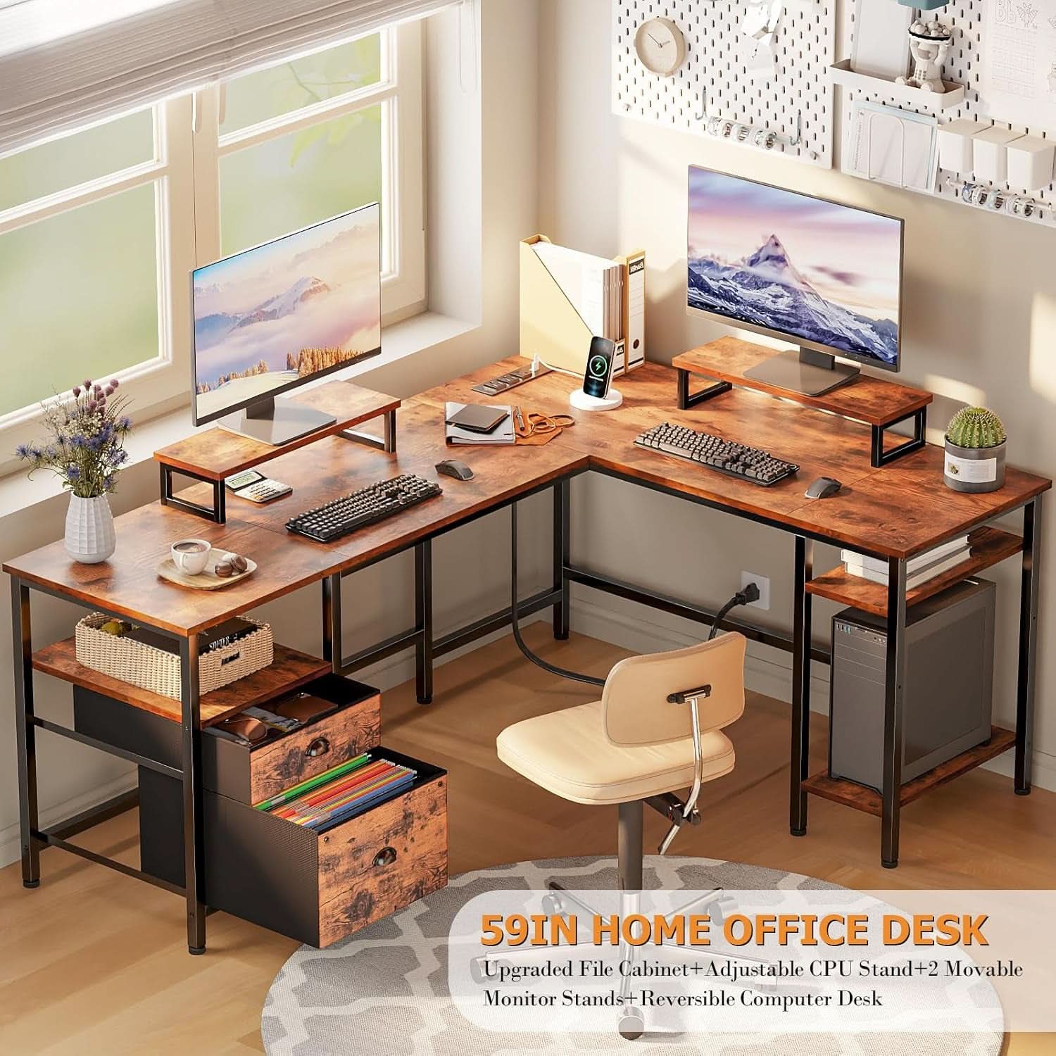 Fifty Nine Inch L Shaped Desk With Power Outlet And Storage Shelves