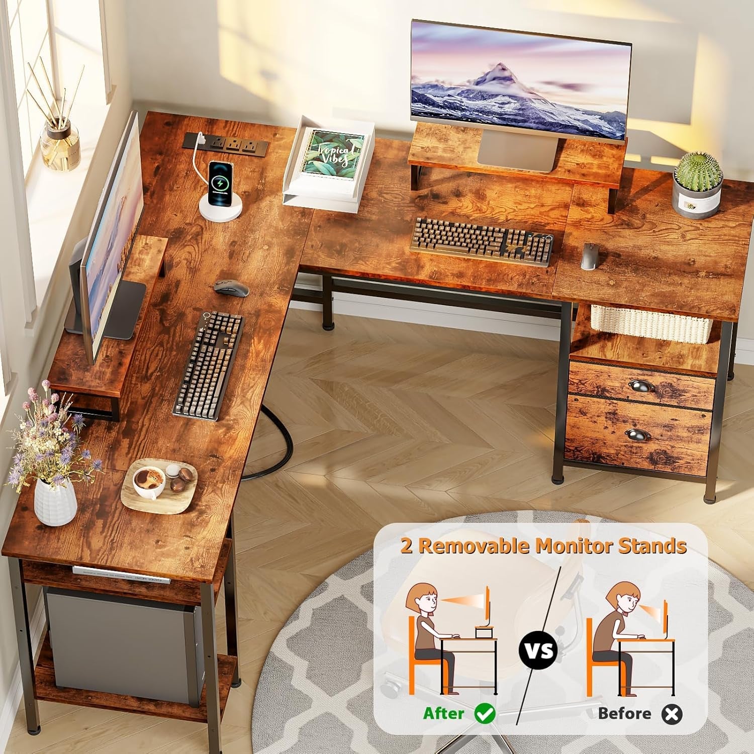 Fifty Nine Inch L Shaped Desk With Power Outlet And Storage Shelves