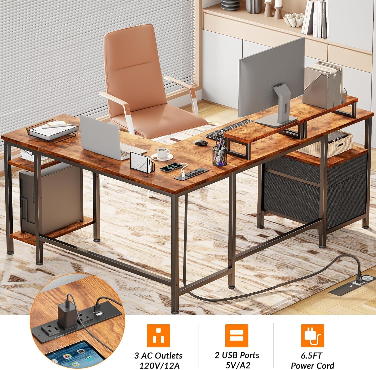 Fifty Nine Inch L Shaped Desk With Power Outlet And Storage Shelves