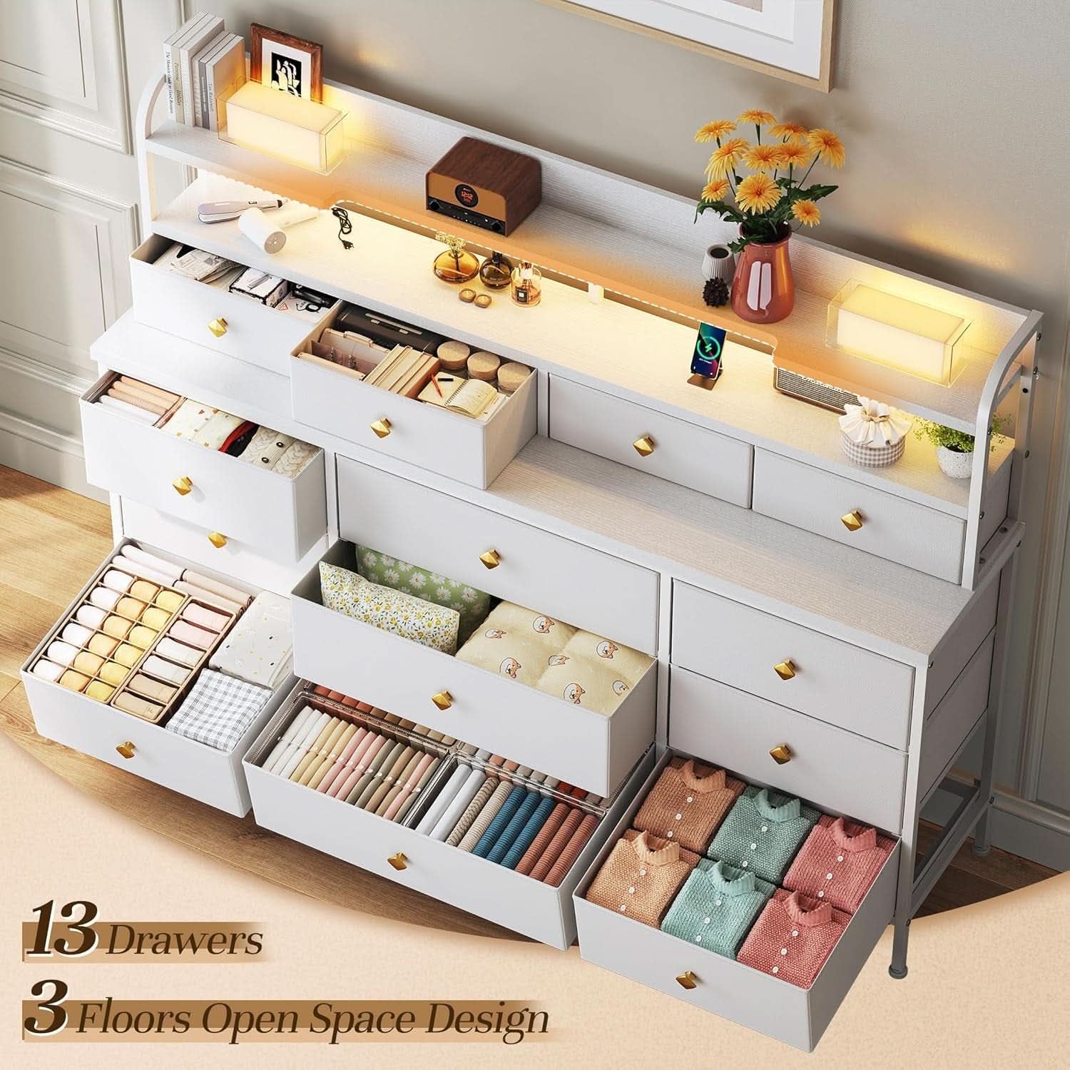 Fifty One Point Two Inch White Dresser For Bedroom Storage
