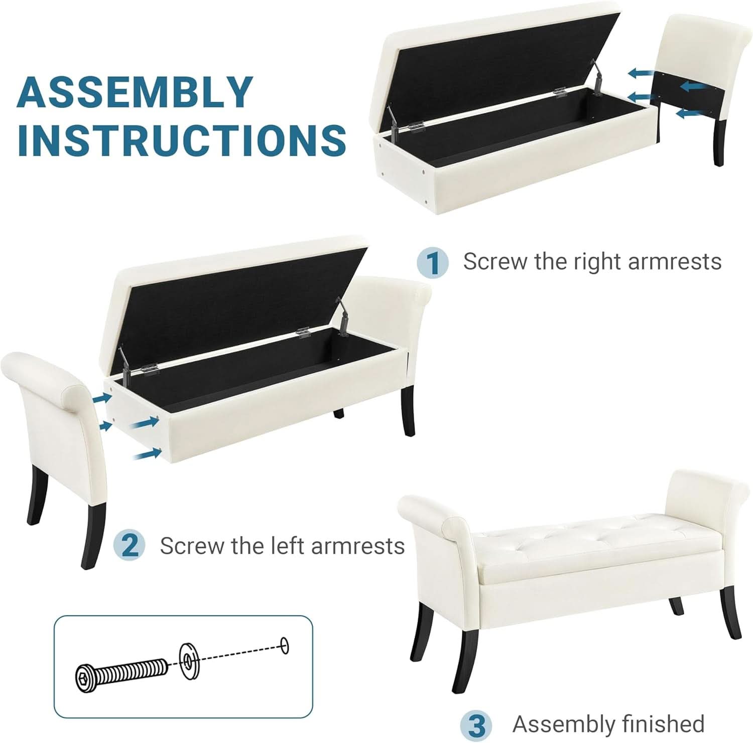 Fifty TwoInches Durable White Upholstered Storage Ottoman Bench