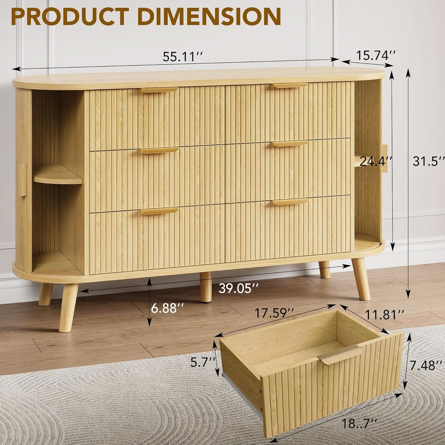FiftyFiveInch Natural Oak Dresser With Sliding Compartments