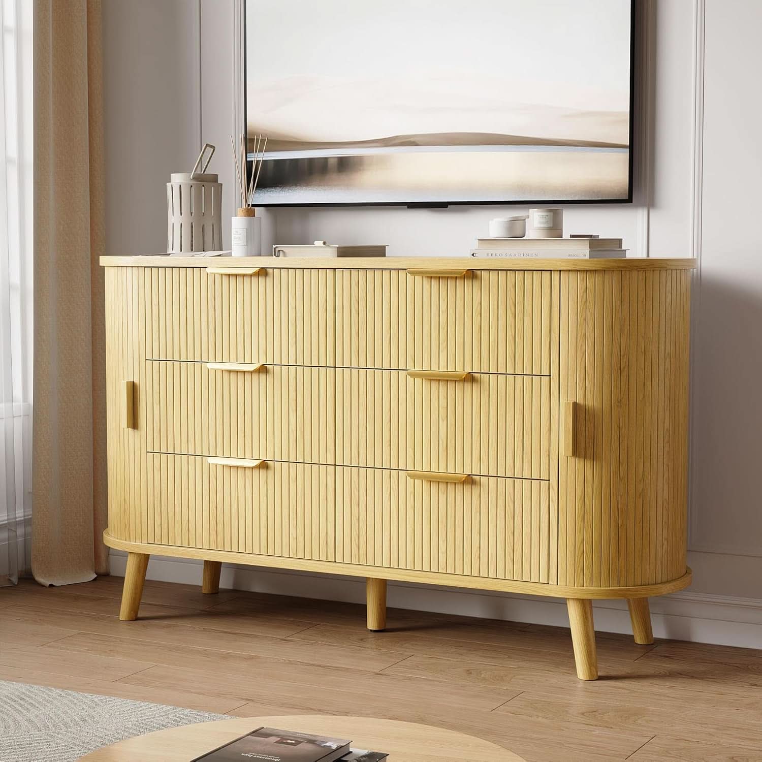 FiftyFiveInch Natural Oak Dresser With Sliding Compartments