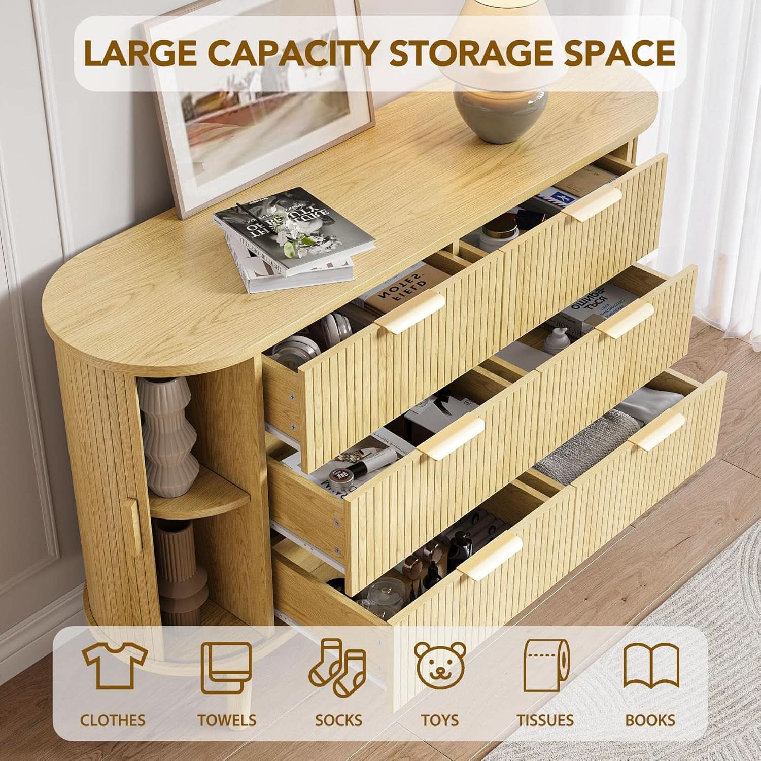 FiftyFiveInch Natural Oak Dresser With Sliding Compartments