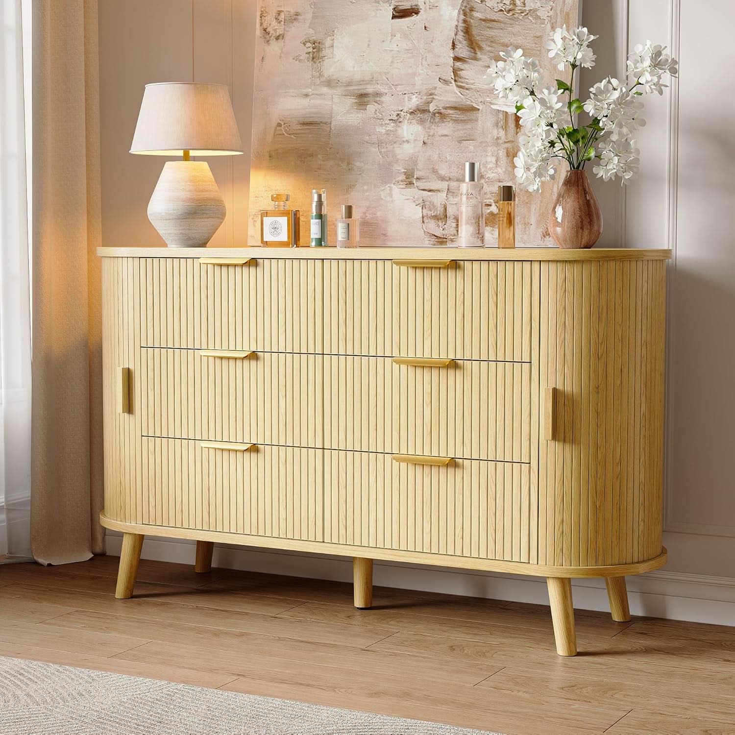 FiftyFiveInch Natural Oak Dresser With Sliding Compartments