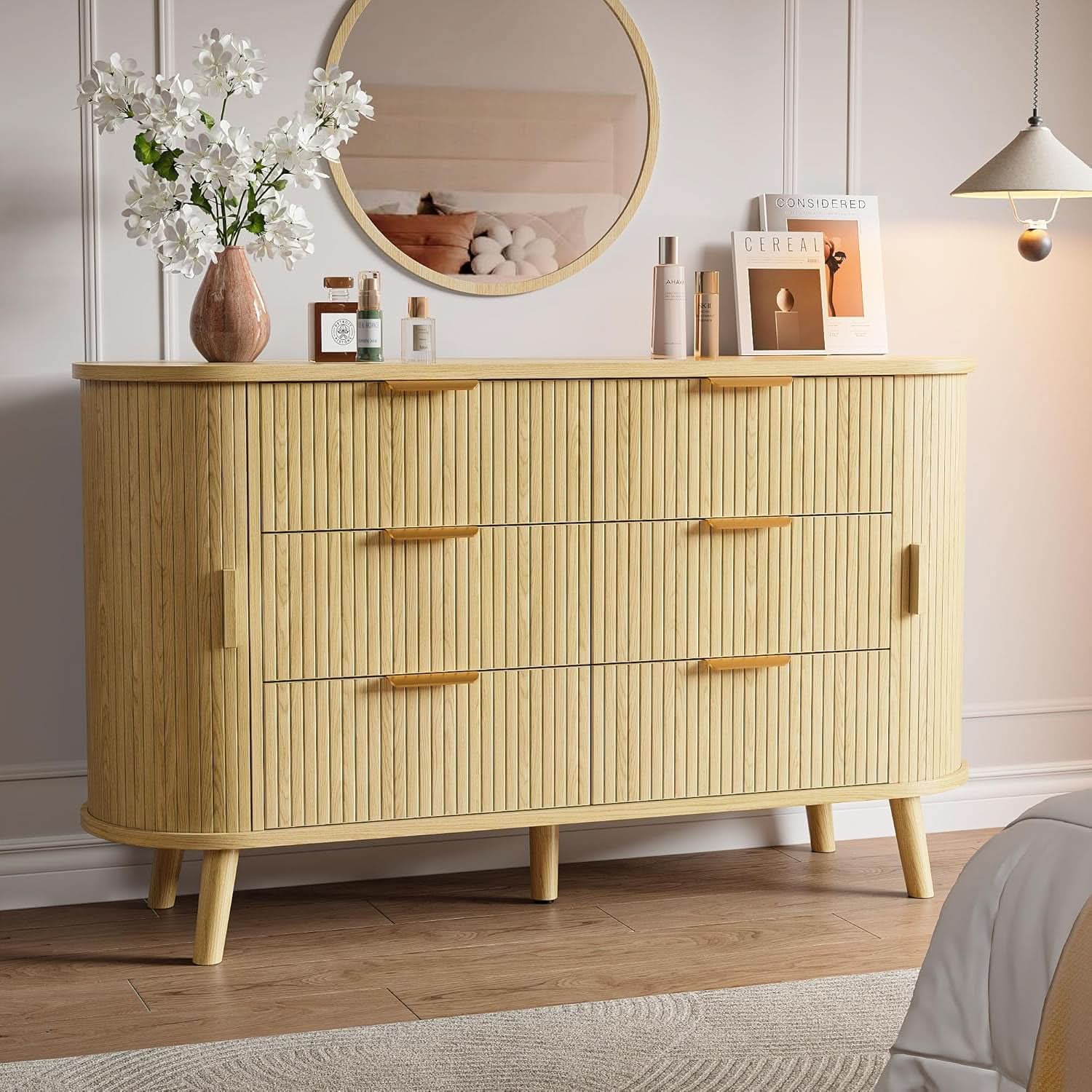 FiftyFiveInch Natural Oak Dresser With Sliding Compartments
