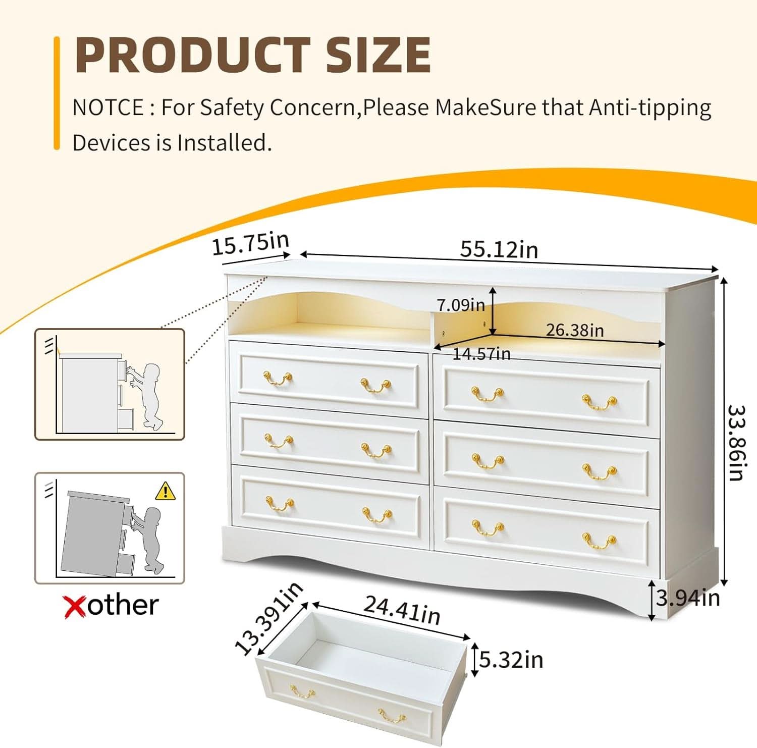 FiftyFiveInch White Farmhouse Dresser With LED Lighting
