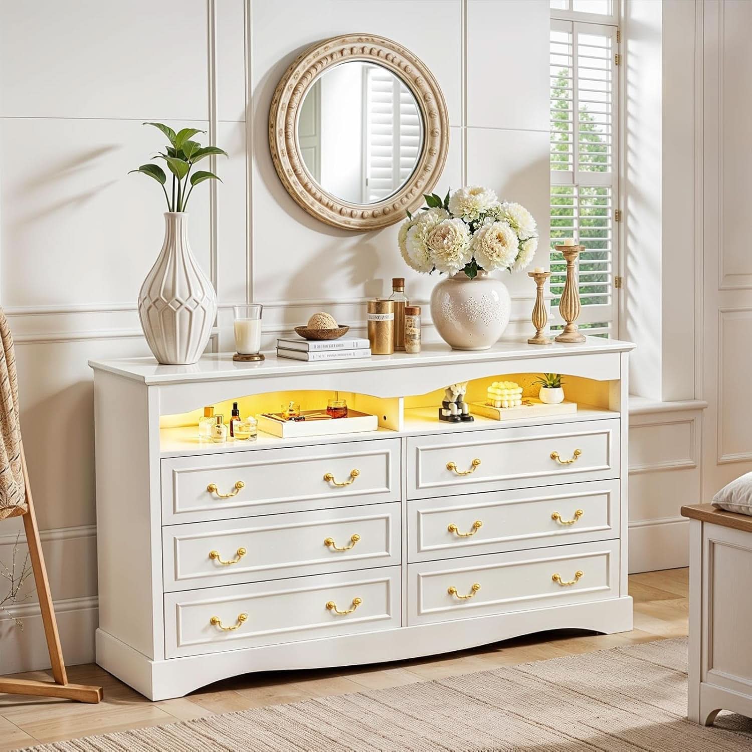 FiftyFiveInch White Farmhouse Dresser With LED Lighting