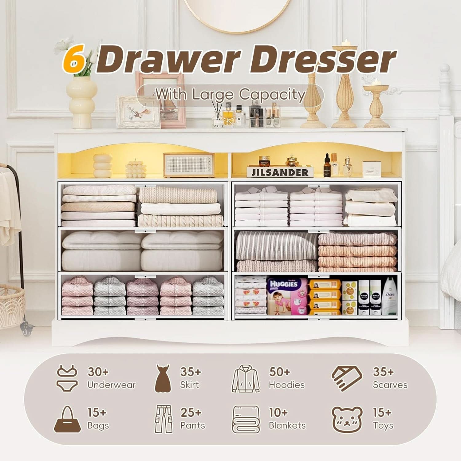 FiftyFiveInch White Farmhouse Dresser With LED Lighting