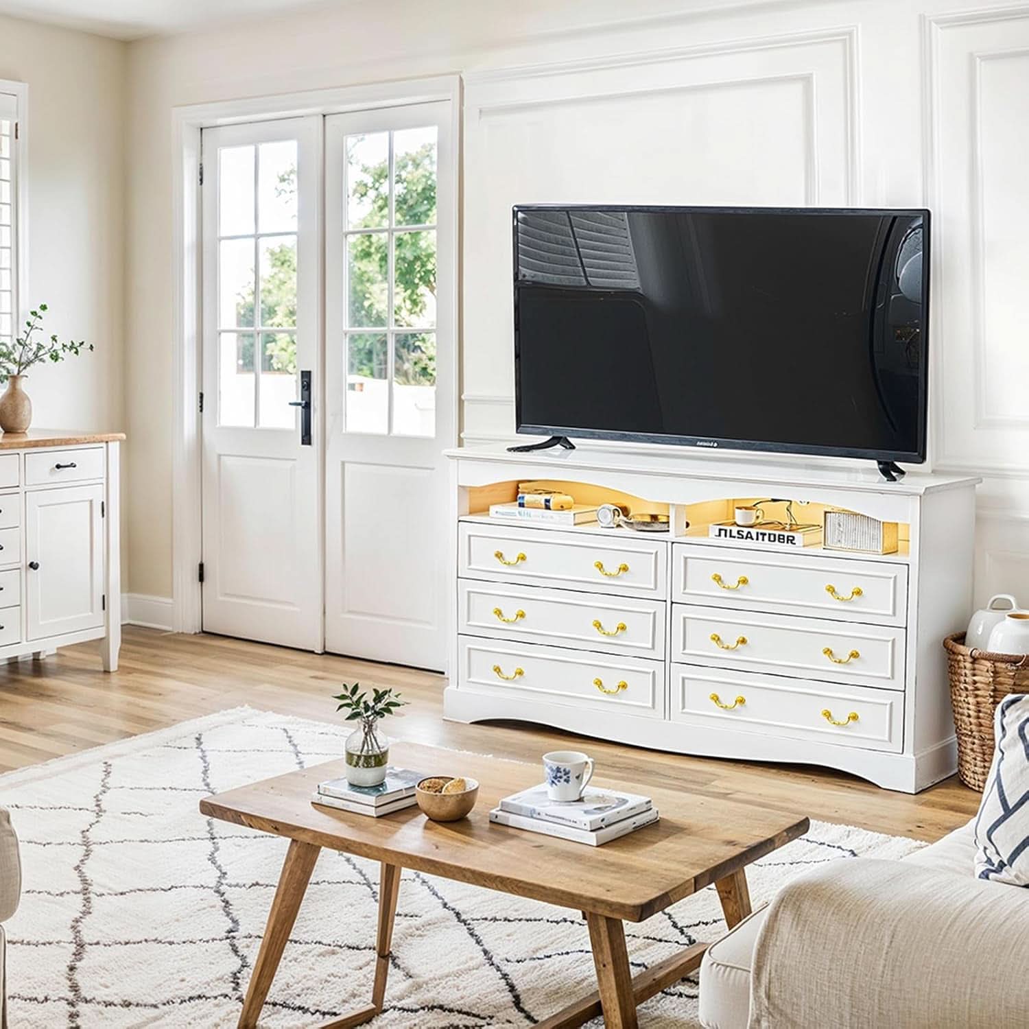 FiftyFiveInch White Farmhouse Dresser With LED Lighting