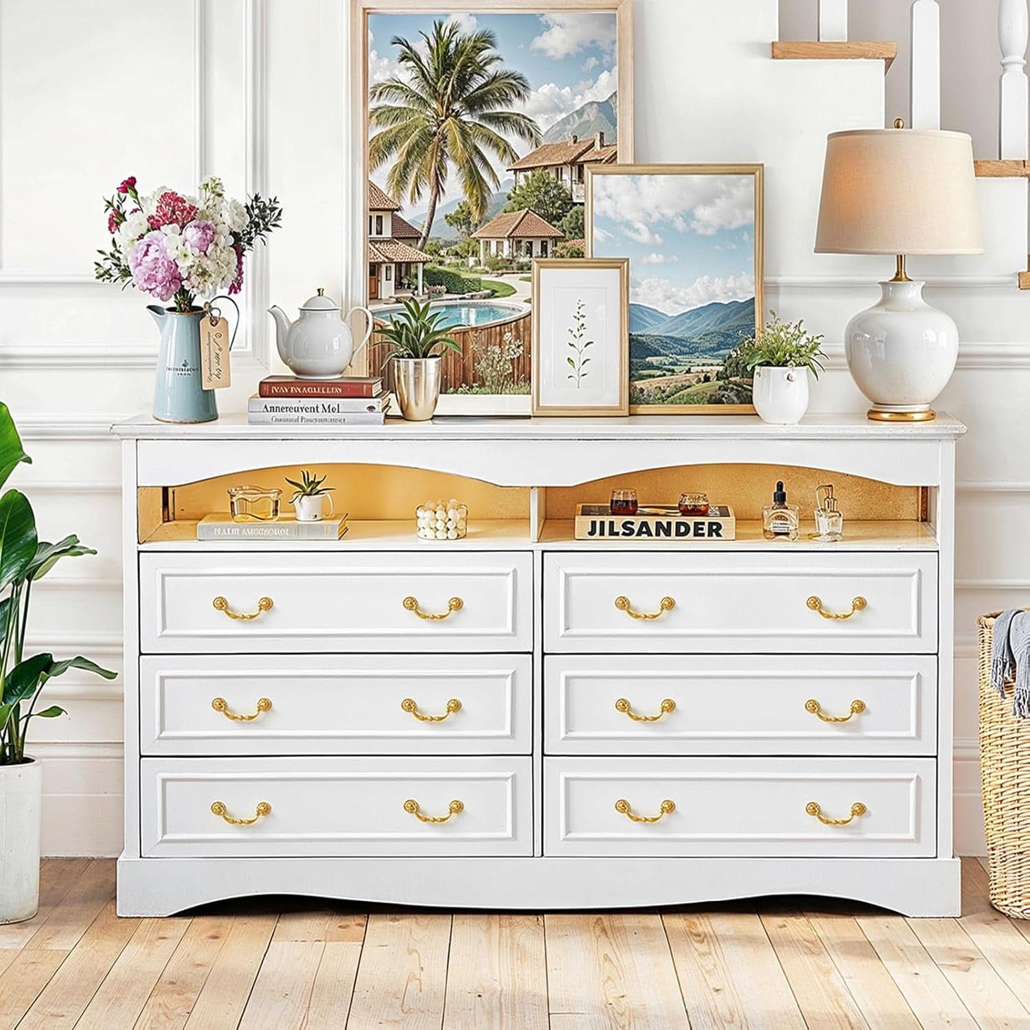 FiftyFiveInch White Farmhouse Dresser With LED Lighting