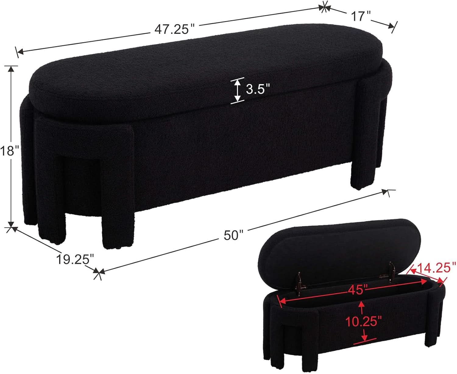 FiftyInch Sherpa Black Upholstered Storage Bench Ottoman