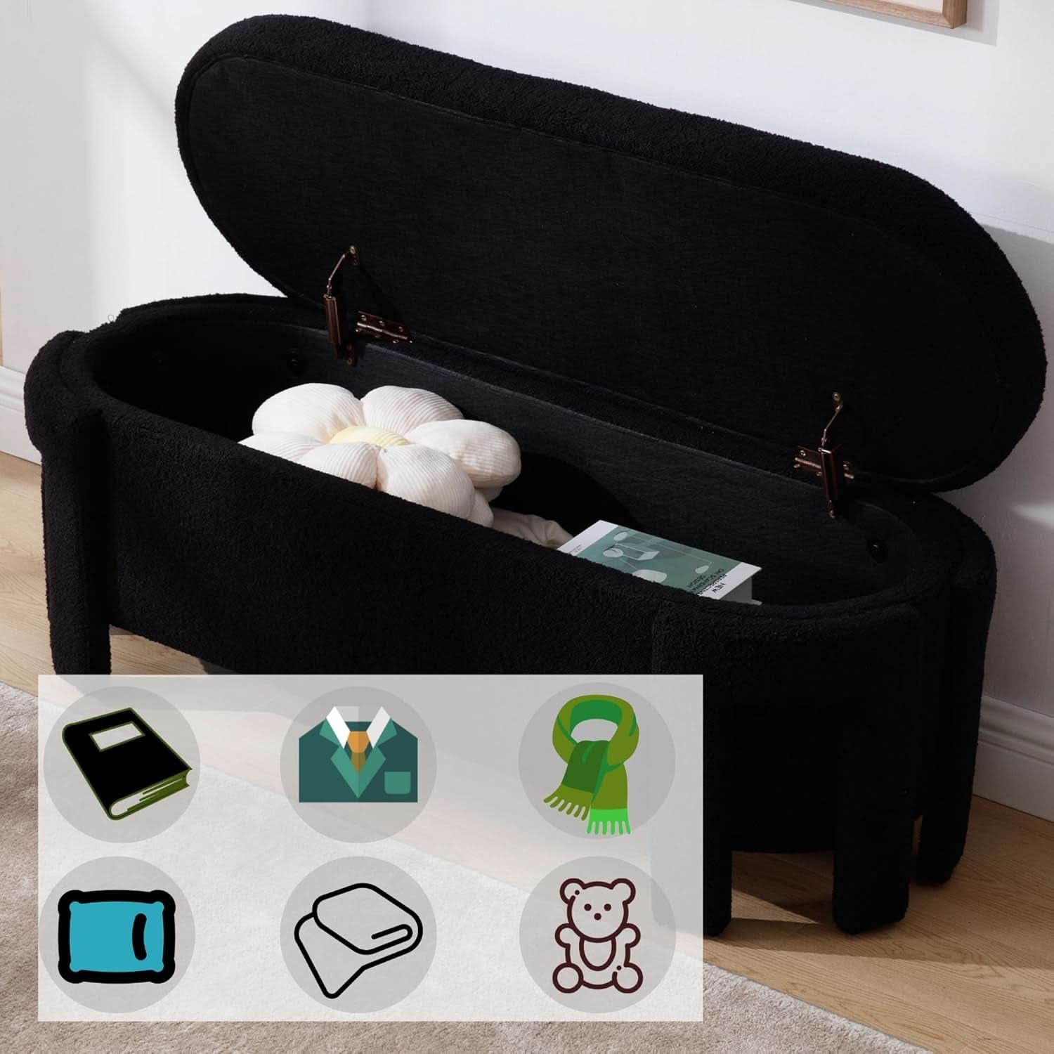 FiftyInch Sherpa Black Upholstered Storage Bench Ottoman