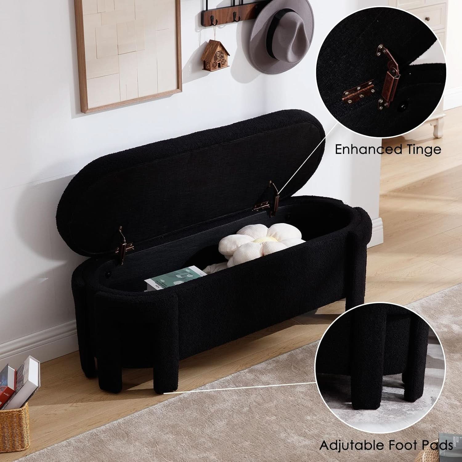 FiftyInch Sherpa Black Upholstered Storage Bench Ottoman