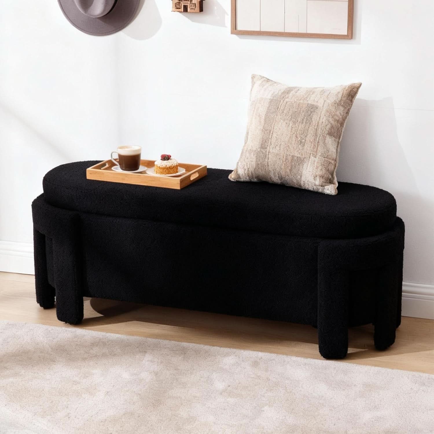 FiftyInch Sherpa Black Upholstered Storage Bench Ottoman