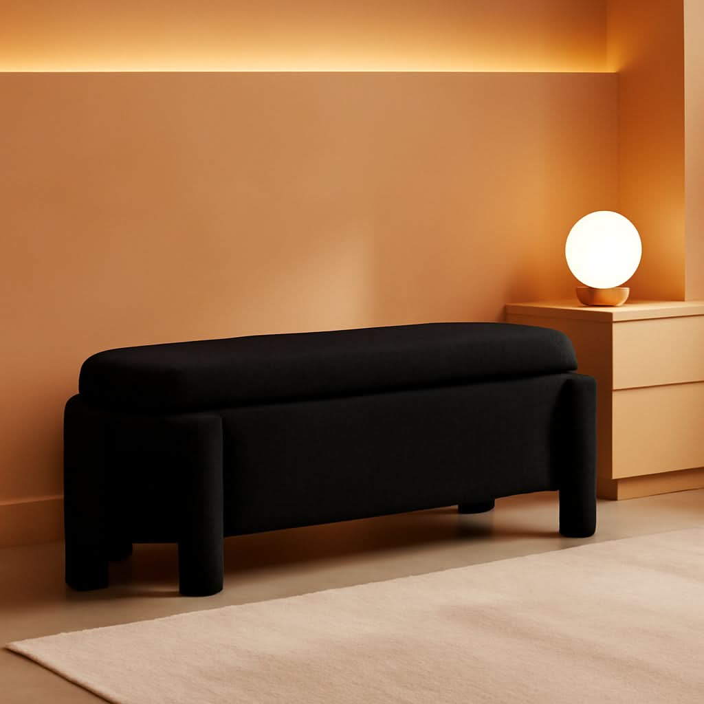FiftyInch Sherpa Black Upholstered Storage Bench Ottoman