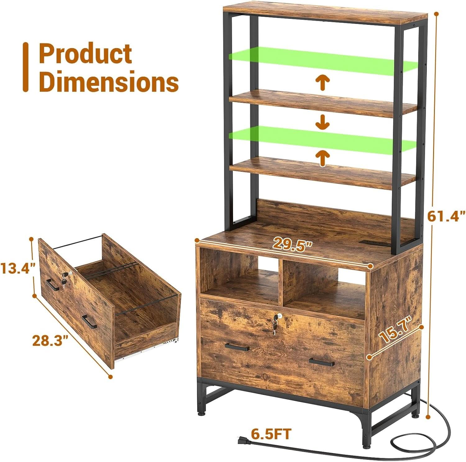 File Cabinet With Charging Station Lockable Vertical Filing Cabinet Rustic Brown