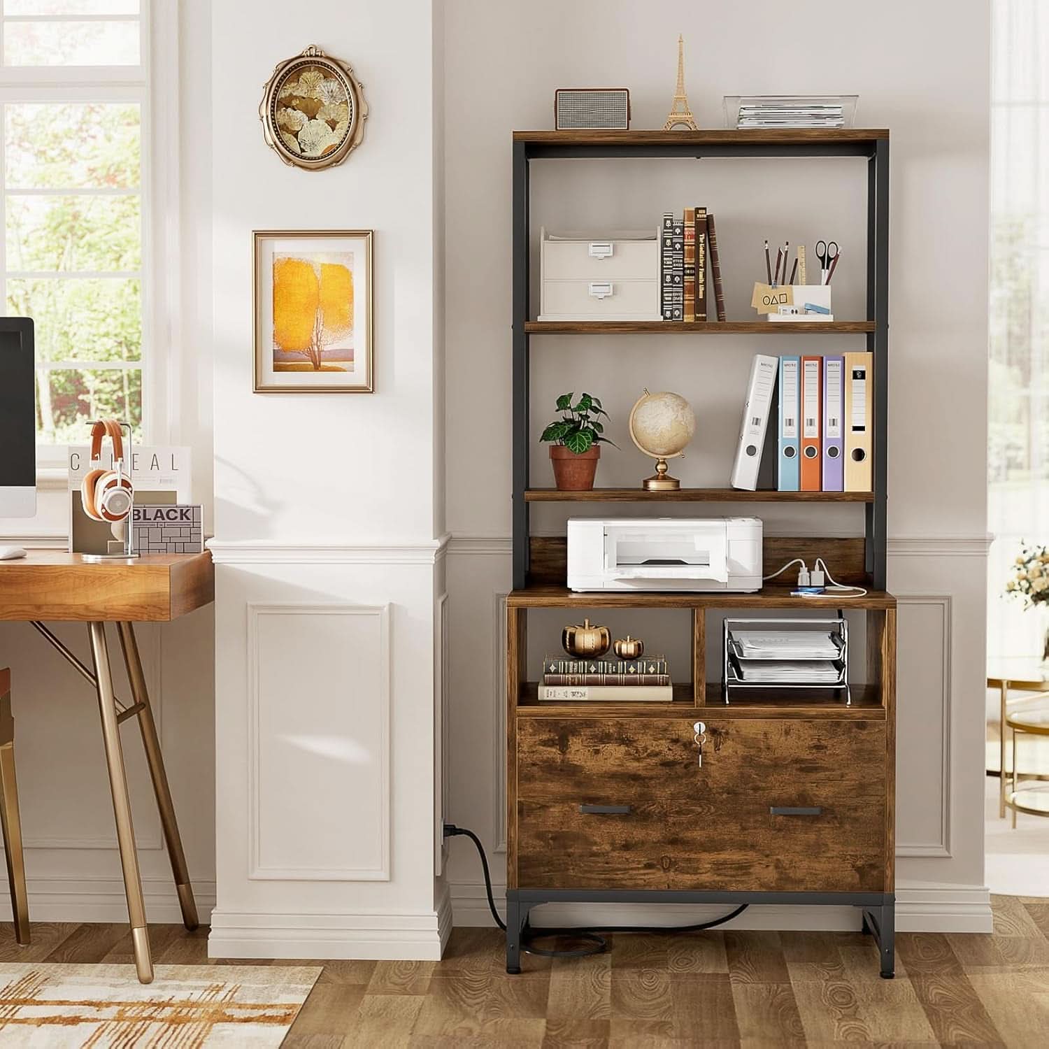 File Cabinet With Charging Station Lockable Vertical Filing Cabinet Rustic Brown