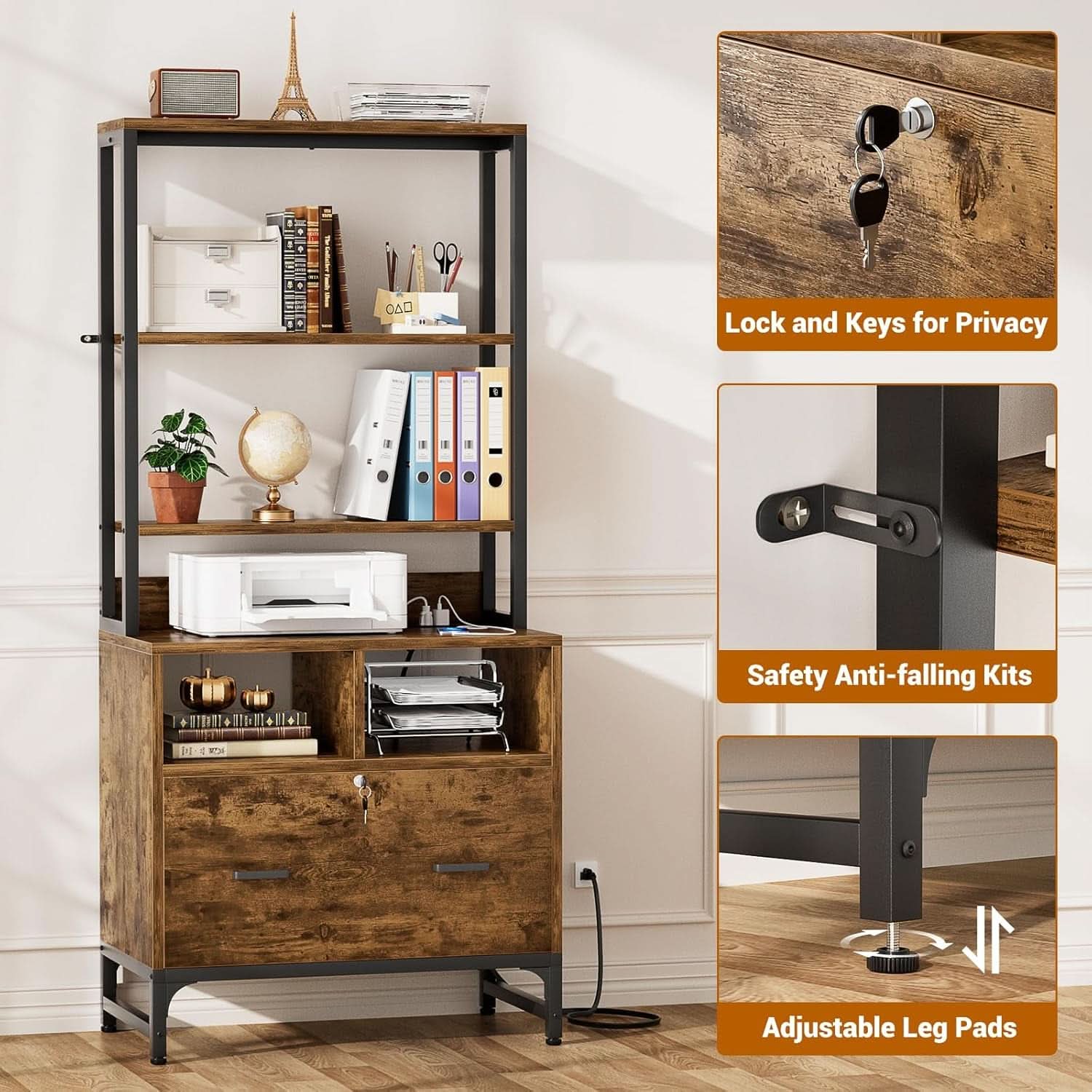 File Cabinet With Charging Station Lockable Vertical Filing Cabinet Rustic Brown