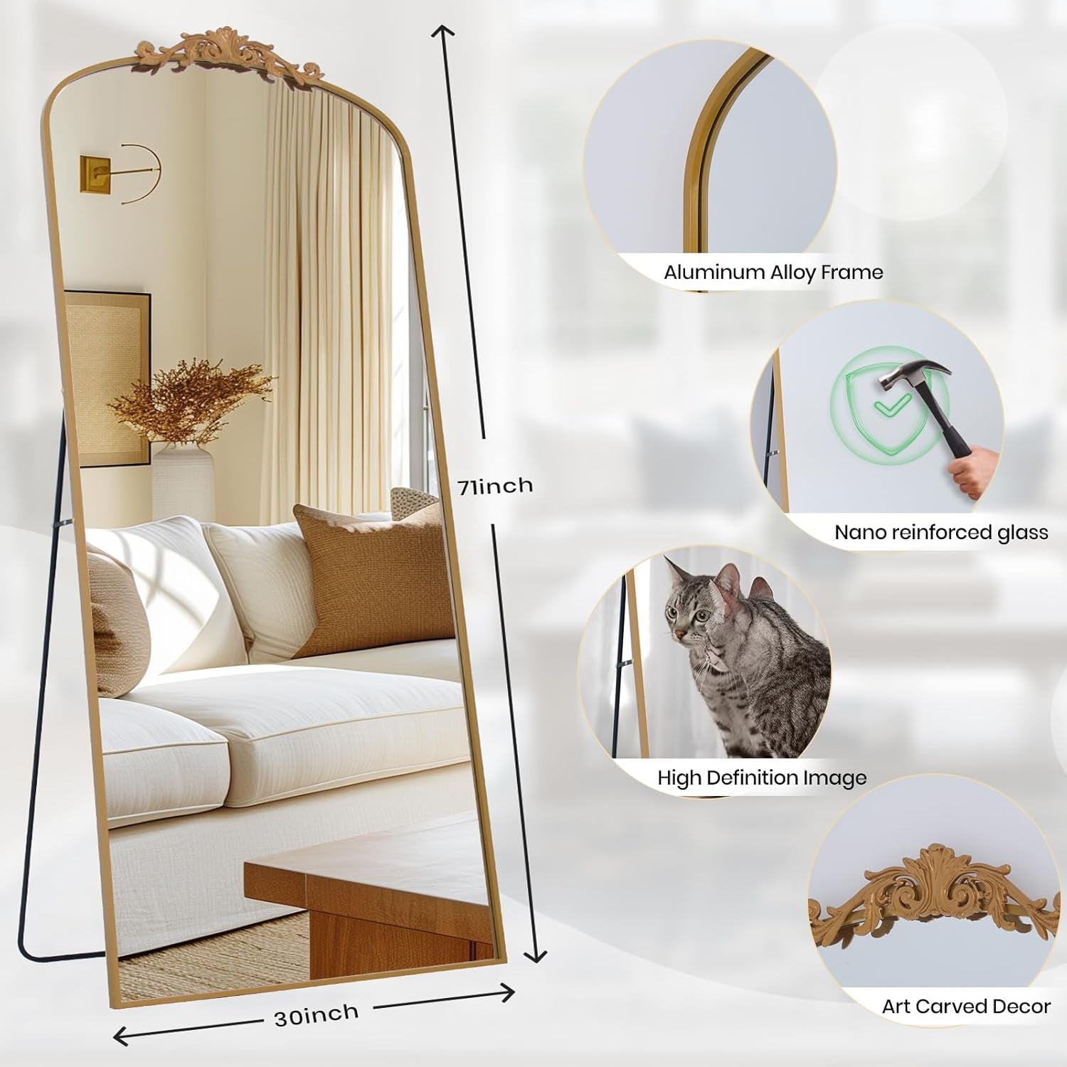 Filigree Floor Mirror 71x30 Gold Frame Full Length