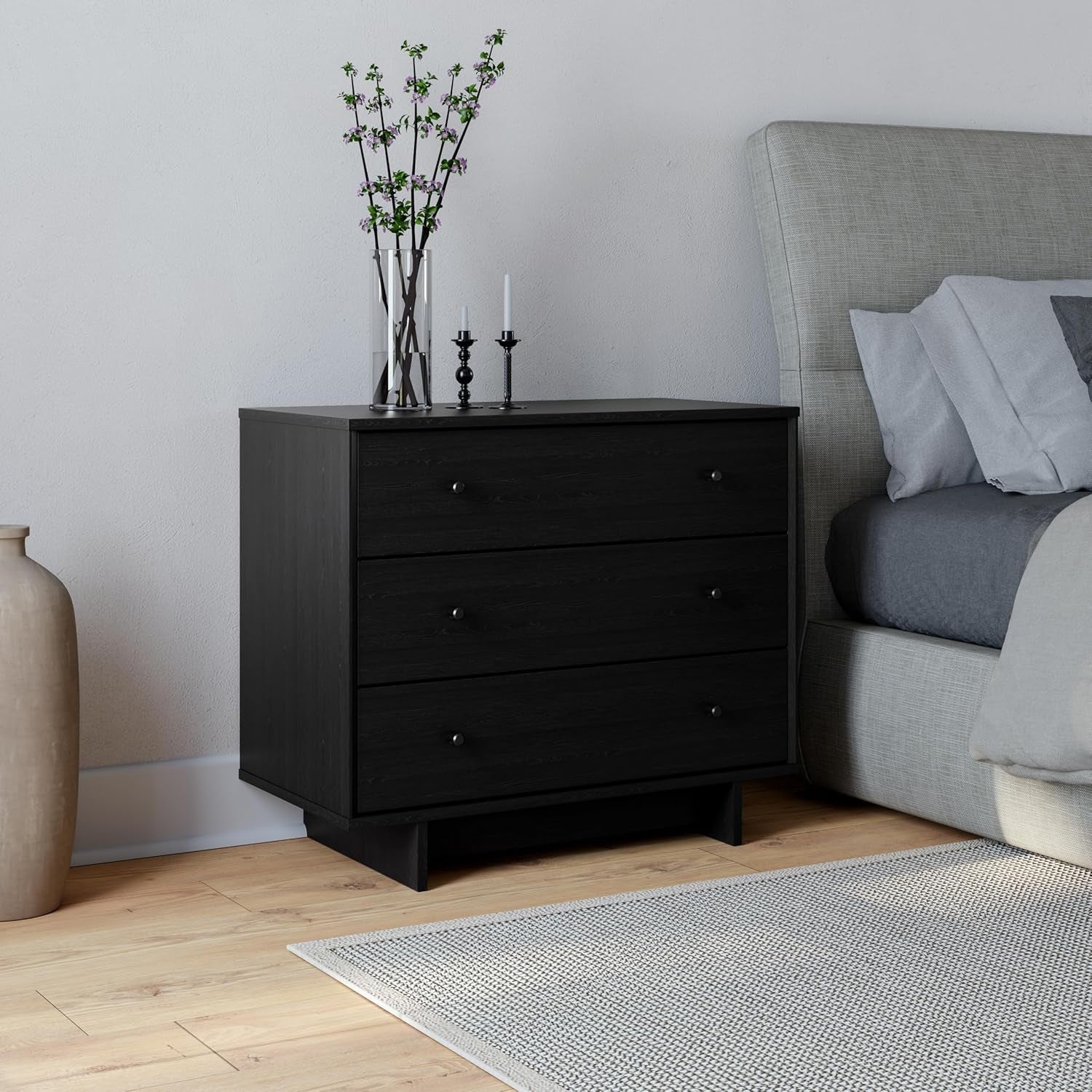 Finnley Black Oak 3 Drawer Nightstand Extra Wide Storage