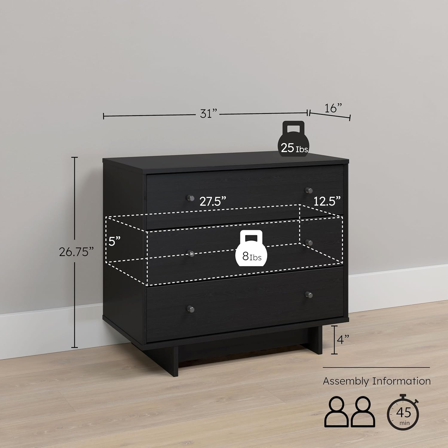 Finnley Black Oak 3 Drawer Nightstand Extra Wide Storage