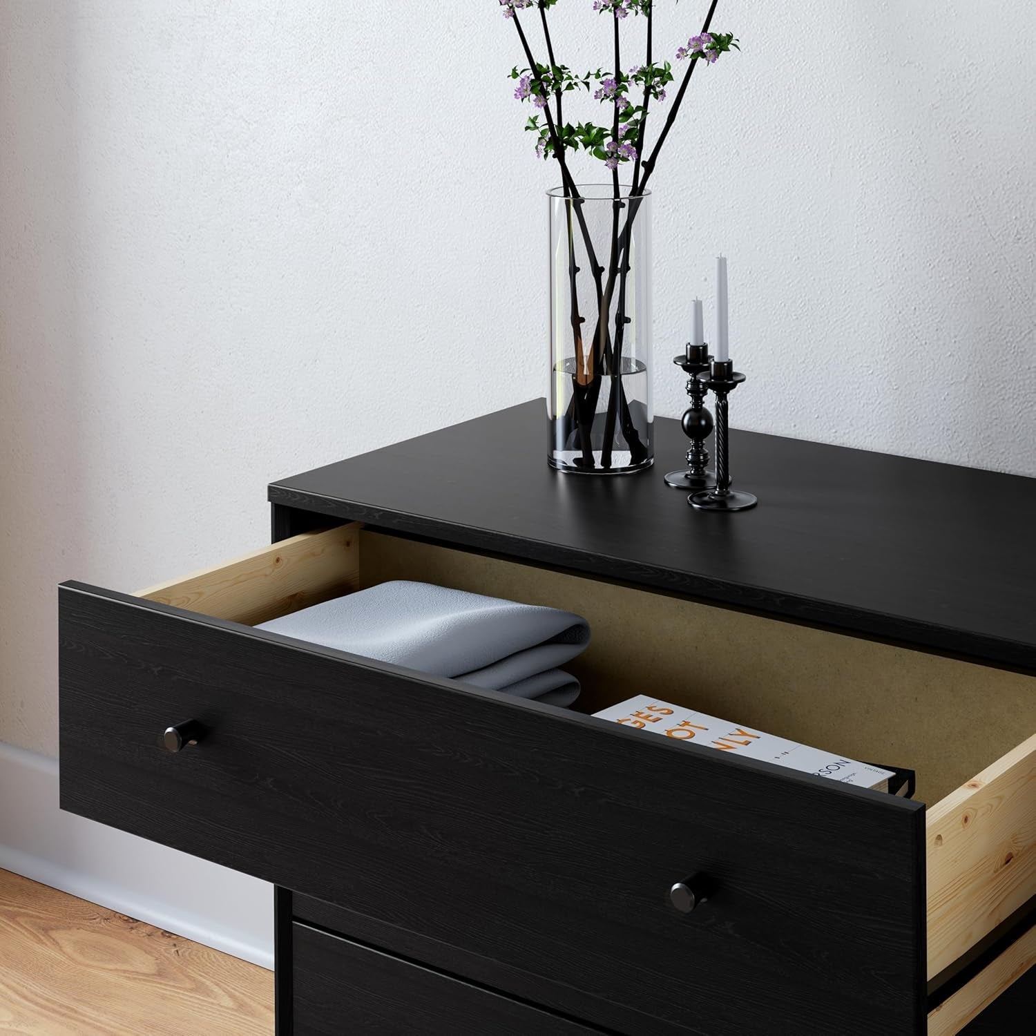 Finnley Black Oak 3 Drawer Nightstand Extra Wide Storage