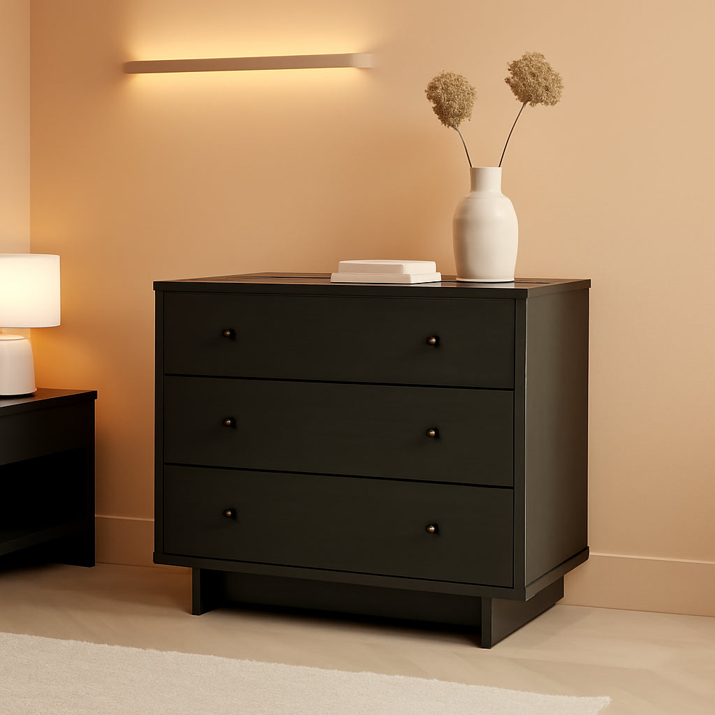 Finnley Black Oak 3 Drawer Nightstand Extra Wide Storage
